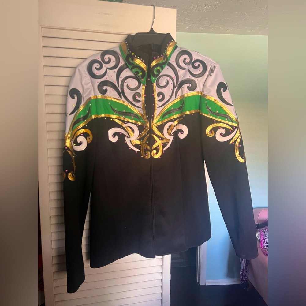 Custom made equine show jacket, size L/XL, worn several times for one class only